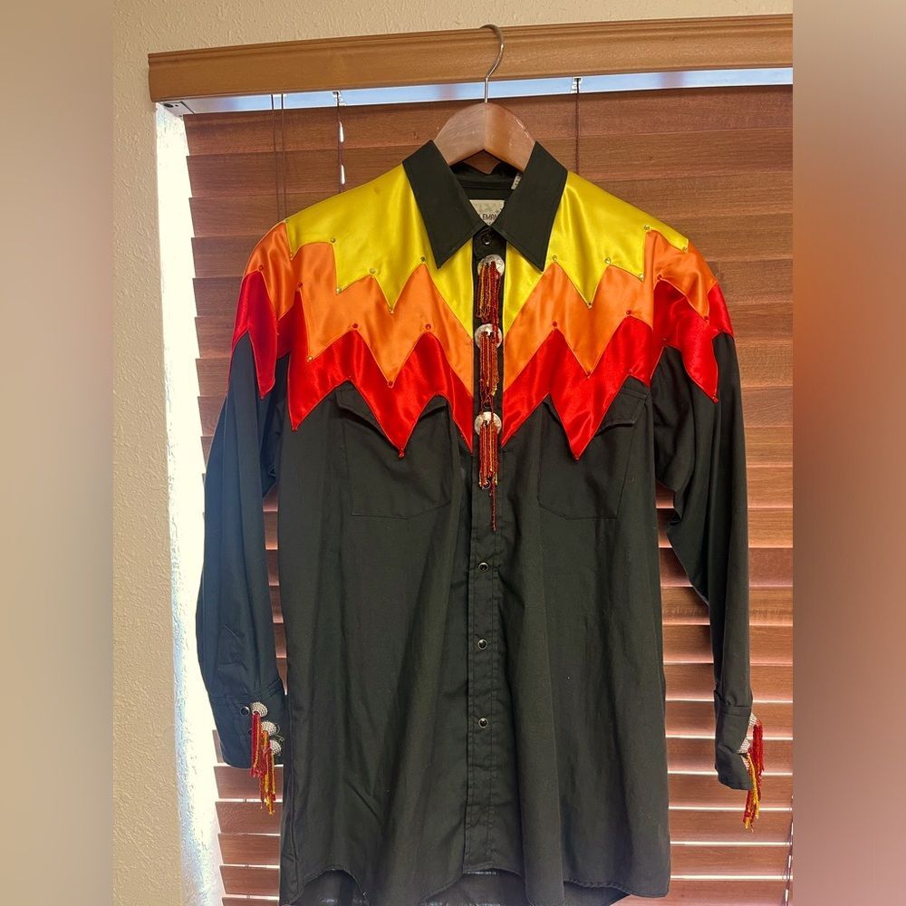Vintage Ely Cattleman Black Flame Western Snap Shirt – Size 16/34 – Bold Flame